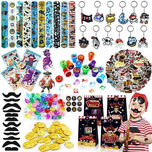 BOIKOKY 206 Pezzi Gadget Pirati Compleanno Bambini, Decorazioni per Feste di Compleanno Pirata, Sacchetti Regalo per Feste Pirata con Adesivi Portachiavi Baffi Francobolli Monete d'Oro Gemme