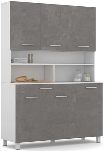 IDMarket - Küchenanrichte, 120 cm, CINA, 6 Türen + Schublade, weiß und Betoneffekt