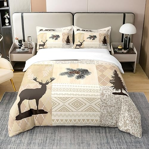 100% Baumwolle Bär Hirsch Silhouette Bettbezug 135x200,Western Texas Star Tribal Soft Bettwäsche Set, Dschungel Jagd Thema Tröster Abdeckung Bettwäsche (kein Tröster)