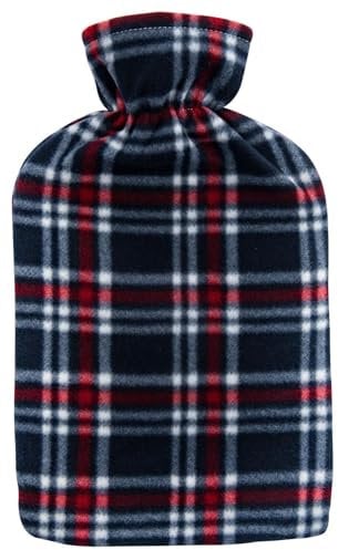 Hot Water Bottle with Fleece Cover 2L Check Polka Designs Warm Natural Rubber, Isla Check