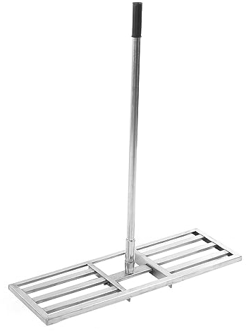 Rastrello di livellamento per prato in acciaio inox, manico lungo telescopico, resistente alla ruggine, strumento multiuso per livellare l'erba e rimuovere le pietre, adatto per ogni erba