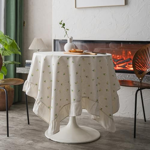 Menkala Tischdecke Gelb Zitrone Abwaschbar Tischwäsche mit Rüschen Romantisch Vintage Baumwolle Leinen Rechteckige Tischtuch 140x140cm Landhausstil Tischdeko für Home Küche Speisetisch