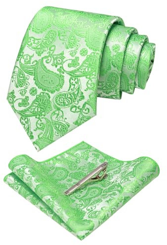 JEMYGINS Cravatta Uomo verde limone in Seta Paisley Design in Diversi Colori cena di gala con Fazzoletto e Fermacravatta
