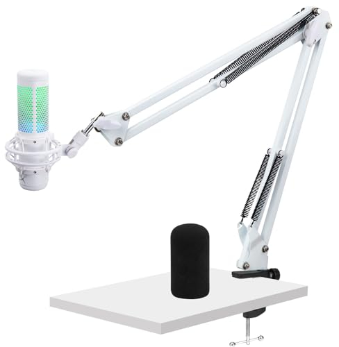 Für HyperX Quadcast S Galgenarm – Verbesserter Mikrofonarm mit Reduzierung von Windgeräuschen Mikrofon-Schaumstoffabdeckung, weißer Galgenarm für Hyperx Quadcast, 0,95 cm auf 1,6 cm Adapter,