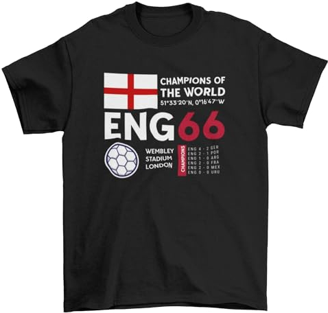 Retro Football T Shirt England 1966 Champions of The World Cup Winners Soccer Black / 4XL