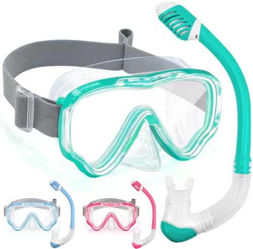 Vvinca Snorkel Set for Kids 3-14, Dry Top Snorkeling Gear for Boys Girls Youth, Panoramic View Swim Goggles with Nose Cover & Anti-Fog Lens, Junior Scuba Diving Mask with Adjustable Soft Fabric Strap