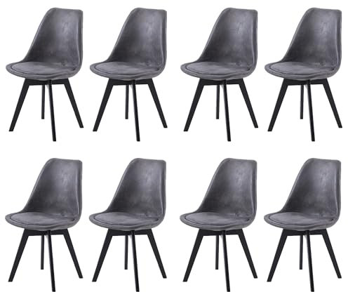 EGGREE 8er Set Esszimmerstühle Skandinavisch Design SGS Geprüfter, Polsterstuhl aus Wildleder Rückenlehne, Küchenstuhl Essstühle mit Schwarz Massivholz Buche Bein, Dunkelgrau