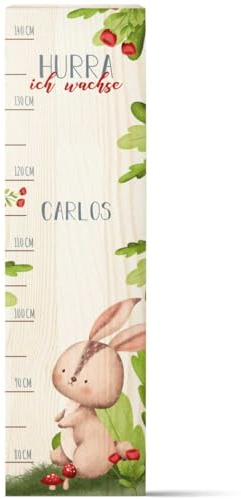 GRAVURZEILE Messlatte für Kinder aus Holz - Tiergruppe Wald - mit Namen für Kinderzimmer - Skala misst 80-140 cm - Größe 20 x 70 x 2 cm - Geschenk zur Geburt für Mädchen & Jungen - Hase