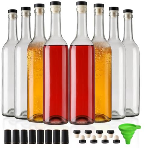 8 Stück 750 ml transparente Glasflaschen mit T-Top-Kappen und Verschlusskapseln, leere Weinflaschen mit Trichter für Wein, Getränke, Saft und Kombucha
