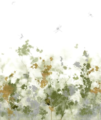 Rasch Tapete 360936 - Fototapete auf Vlies mit Pflanzenprints und Libellen in Grau, Beige und Grün aus der Kollektion Magicwalls - 2,65 m x 2,12 m (LxB)