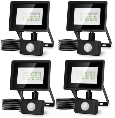 Aigostar Foco LED con Sensor Movimiento 20W,1650LM Super Brillo Focos LED Exterior IP65 Impermeable,Blanco Frío 6500K Proyector Led Exterior,Perfectas para Jardín, Garaje, Patio,paquete de 4