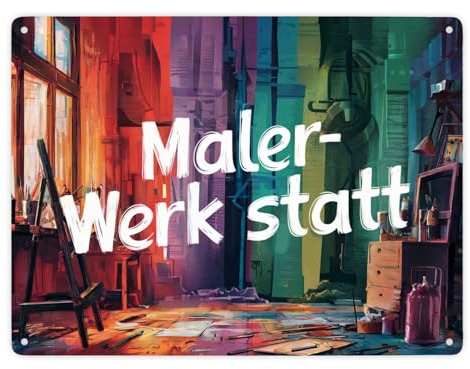 Malerwerkstatt des Künstlers - Metallschild XXL in 28x38 cm Lebhafte und bunte abstrakte Atelier voller Farben und lebendiger Pinselstriche