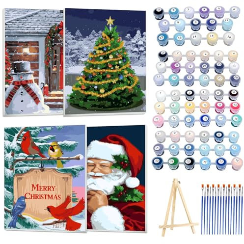 Ninonly 4 piezas Christmas de Pintura por Números Adultos con Marco DIY pintura al óleo por Números para Principiantes y adultos con 16 pinceles y 4 juegos de pinturas acrílicas 24 * 30cm