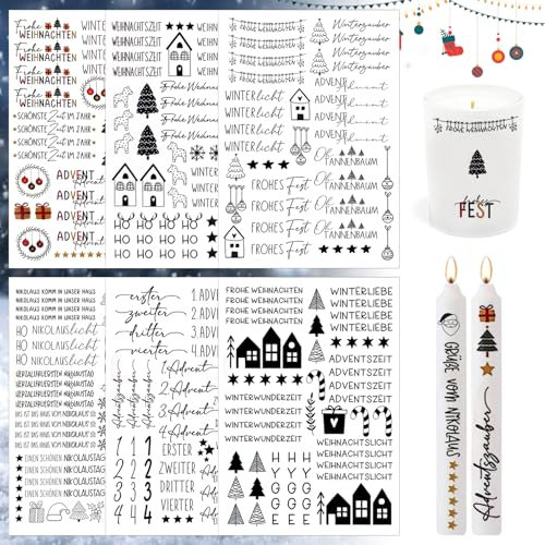 6 Bogen Kerzentattoos Weihnachten,kerzen sticker weihnachten,kerzen folie weihnachten,Kerzentattoos,kerzenaufkleber,Kerzentattoo Wassertransferdruck,Kerzenfolie,Kerzensticker für Kerze DIY Geschenk