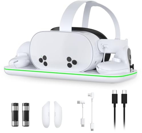Charging Station for Meta Quest 3 and Oculus Quest 3S, VR Accessories Charging Station with LED Light for Oculus Quest 3/ 3S, Charger Stand with 2 Rechargeable Batteries, Magnetic Charging Design
