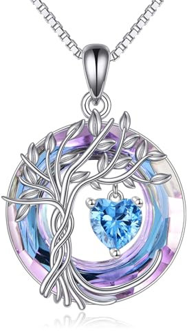 Tree of Life Birthstone Necklace for Women 925 Sterling Silver Tree of Life Jewelry Blue Topaz Pendant December Birthstone Gemstone with Crystal Anniversary Birthday Christmas Gifts for Mother