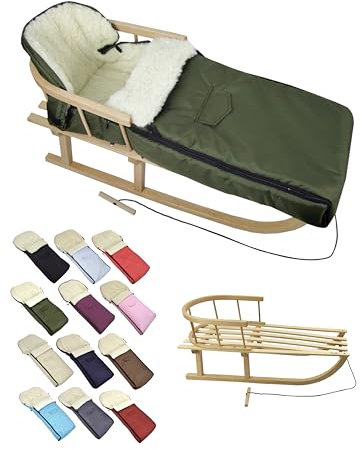 BambiniWelt Holzschlitten mit Rückenlehne & Zugseil + Winterfußsack 108 cm – warmes Thermofleece, wasserabweisend – Kombi-Set für Kinderwagen & Buggy, Farbe: Olive