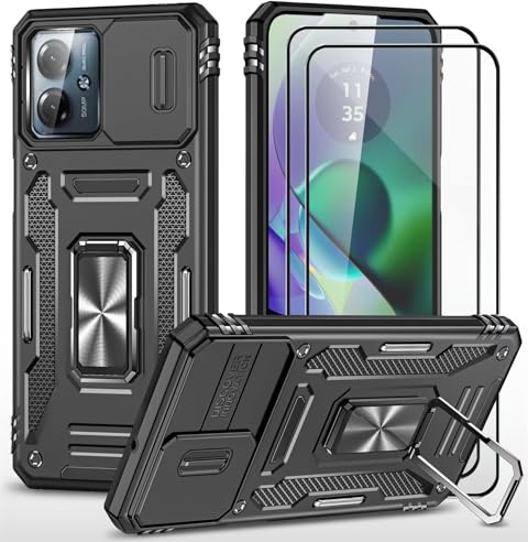 CLYDITE Hülle für Motorola Moto G54 handyHülle mit Slide Camera Gehärtetes Glas Schutzfolie [2 Stück] Schützen Ständer Silikon Rüstung Hardcase Stoßfeste Hüllen-Schwarz