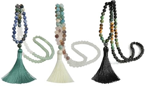 TMTGTS Halskette Quaste 3 Stück Mala Kette 108 Perlen Kette Böhmen Beads Kette Pullover Kette Buddhismus Kette Achat Naturstein Schmuck Kette für Männer Damen Yoga Reiki Chakra Heilung (Mixed7#)