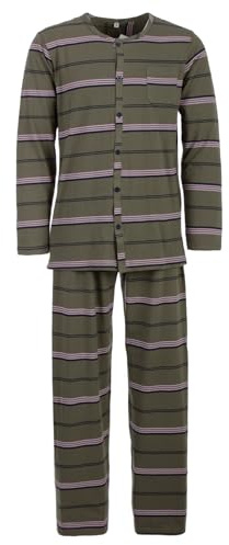 Lucky Herren Pyjama Streifen Muster Langarm Schlafanzug Baumwolle durchgeknöpft M-2XL, Farbe:Olive, Größe:M