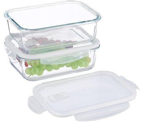 Relaxdays Fiambreras de Cristal con Tapa, Set de 2, 1520 ml, Recipientes Herméticos, Cierre de Plástico, Transparente, Vidrio, Silicona