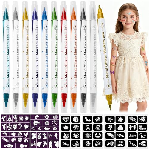 Kuvarix Tattoo Stifte Kinder e Erwachsene, Glitzer Tattoo Set Kinder mit 10 Glitzer Tattoostifte und 72 Tattoo Schablonen, Hautfreundlich Schminkstifte Fasching Halloween Geburtstage Party