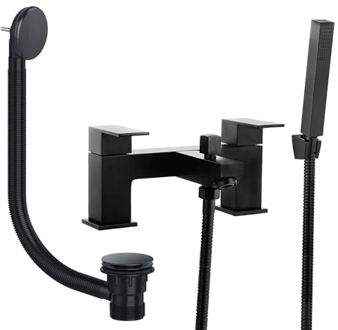 Modern Matt Black Bath Shower Mixer Tap with Handset and Matching Waste - Bath Mounted