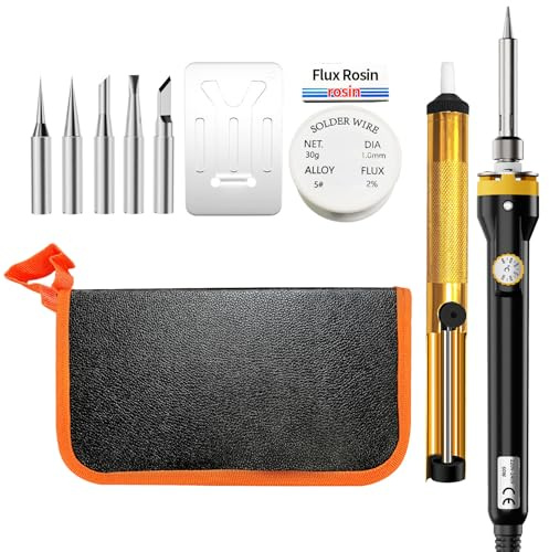 Lötkolben Set 60W Temperatur Einstellbar 180~520°C Lötkolben mit Schalter, 15 Sek. Schnelles Aufheizen, 5 Lötspitzen, Entlötpumpe, Lötkolbenständer, Pinzette, Lötset