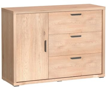 Masseno Kommode BRESSO 118 cm Sideboard mit 3 Schubladen und 1 Türen für Wohnzimmer Schlafzimmer Modern 118x40,5x86 cm Eichefarben