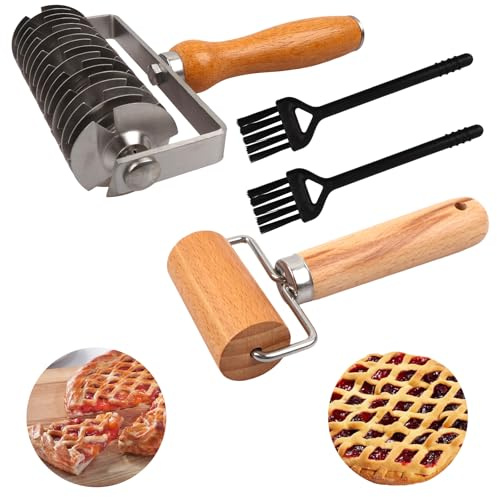 4pcs Gitterroller Teigschneider Lattice Pastry Cutter Edelstahl Professionell, Gebäckgitter-Rollschneider Teiggitter mit Nudelholz, Reinigungsbürstenx2 Für Kuchen Brot Pizza Wellington