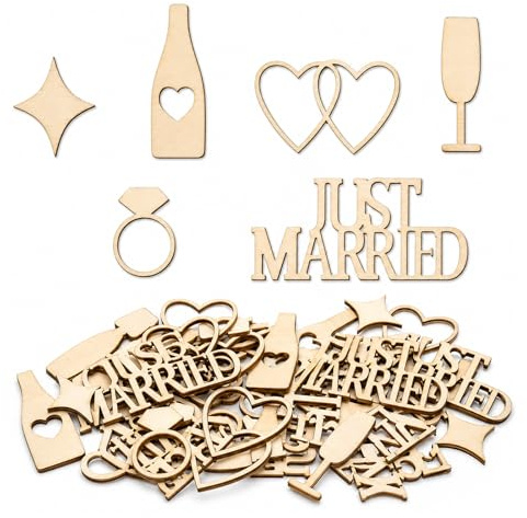 UZYXC 80 Stück Holz Konfetti Hochzeit – Motive: Sektglas, JUST MARRIED, Verlobungsring, Stern, für Tischdeko, Streudeko, Hochzeitsfeier, Party, Jubiläum, Oktoberfest