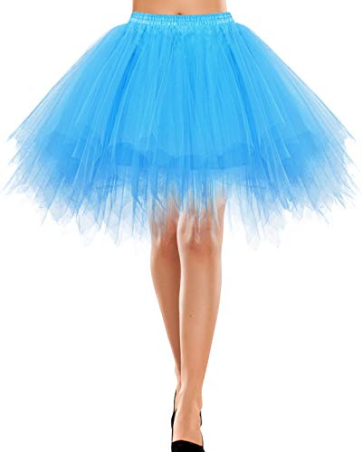 Bbonlinedress Tutu Tüllrock Petticoat Unterrock Rock 50er Vintage Ballet Blase Tanzrock Tanzkleid Ballkleid Kurz Retro Rock Knielang Tüll Rockabilly Weiss Petticoat Blue S