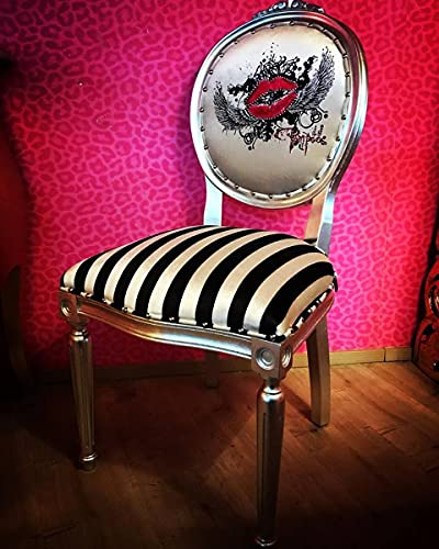 Harald Glööckler Pompöös by Casa Padrino Luxus Barock Esszimmer Stuhl Schwarz/Weiß Streifen/Silber - Pink Lips - Pompööser Barock Stuhl Designed by