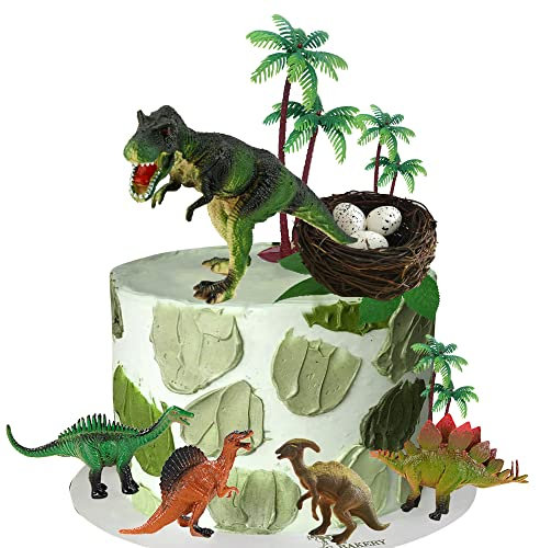 LEFUBABY 18 PCS Dinosaur Cake Toppers with Dinosaur Eggs, Leaves, Trees for Birthday Party