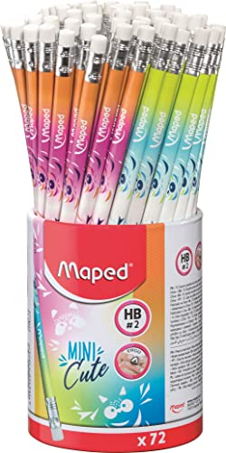 Maped - 72 Crayons Graphite Mini Cute Embout Gomme - Forme Triangulaire Ergonomique - Mine Grise Résistante - Pot De 72 Crayons À Papier 851874 Multicolore