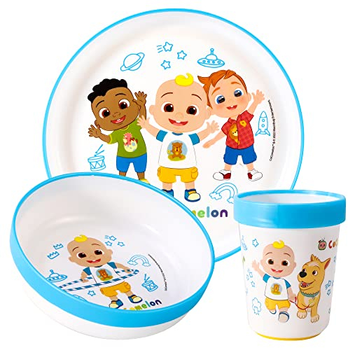Cocomelon 3pcs Reusable Bicolor Premium Kids Dinner Tableware Set Plate, Bowl & Tumbler, BPA Free