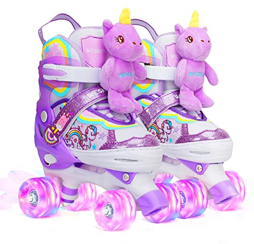 WESKIFAN Kinder Einhorn-Puppe Rollschuhe für Mädchen 4 Größen Verstellbar Mit Leuchtenden Rädern Quad Roller Skates für Anfänger Weihnachts und Geburtstags Geschenke