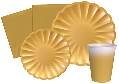 Ciao Kit Vajilla de Fiesta Flower Shape para 24 personas (112 pcs: 24 platos Ø23cm, 24 platos Ø18cm, 24 vasos 250ml, 40 servilletas 33x33cm) de papel compostable eco-friendly, oro