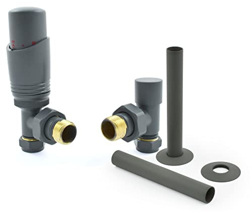 Hot Flow | Robinet thermostatique coudé moderne TRV pour radiateur (paire) (gris avec manchon)