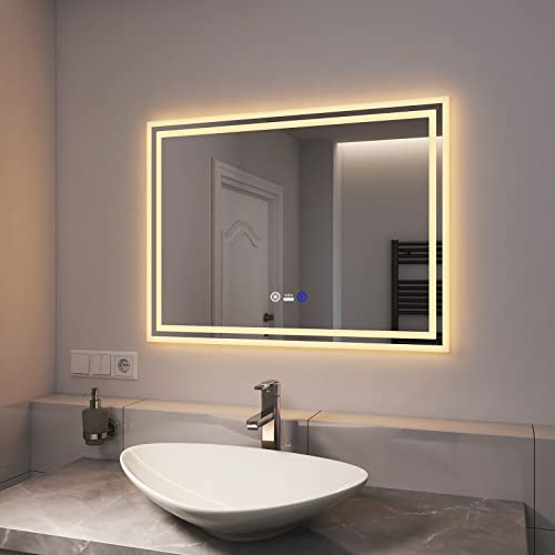 EMKE Sensor Spiegel mit Beleuchtung 80x60cm LED Badspiegel mit Bewegungssensor, Touch, Beschlagfrei, 3 Lichtfarbe dimmbar, 1 Stunde automatische Abschaltung IP44 energiesparend Badezimmerspiegel