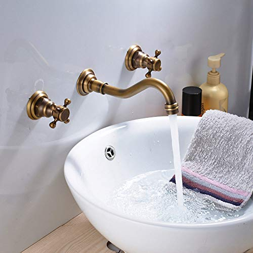 Badewannenarmatur, 3-teilig, Hakenform, Badezimmer-Waschtischarmatur mit Kreuzgriff, Wandmontage-Mischbatterie, Antik-Messing-Finish