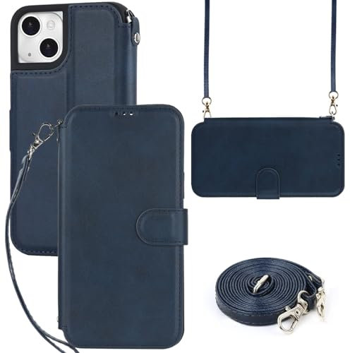 ELTEKER Cover Compatibile con iPhone 14 Custodia a libro Portafoglio, Cover con Cordino Tracolla Custodia in Pelle per iPhone 14 - Blu