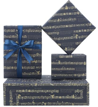Schwarzes Geschenkpapier mit Musik, Geburtstagsgeschenkpapier, 4 Stück, romantische Musiknoten, Hochzeitsgeschenkpapier für Geburtstag, Weihnachten, Hochzeitstag, Künstler, Jungen, Mädchen, Frauen,