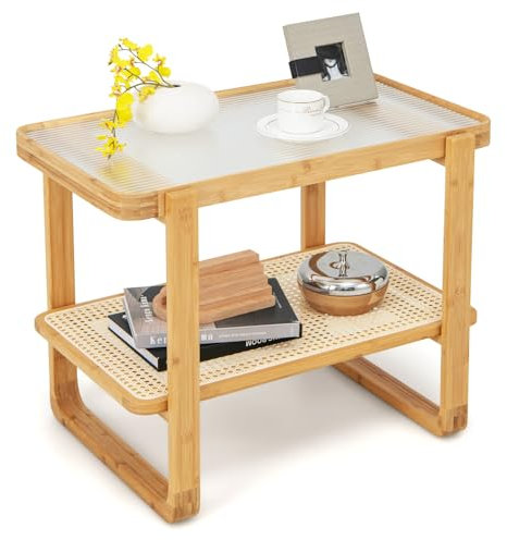 COSTWAY Bamboo Side Table, Tempered Glass Sofa End Table Nightstand with Rattan Storage Shelf, 2-Tier Compact Bedside Table Accent Tea Table for Living Room Bedroom, 70x44x55cm, Natural