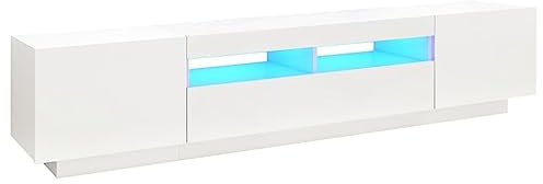 QZZCED Meuble TV avec lumières LED - Blanc - 200 x 35 x 40 cm - Pour salon, chambre à coucher