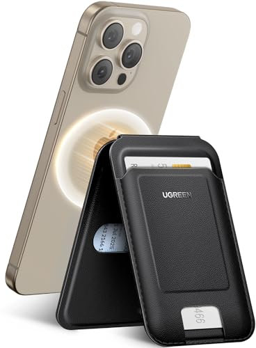 UGREEN Magnetischer Handy Kartenhalter Leder Wallet Ständer Kompatibel mit iPhone 15/14/13/12 Series, Nicht für 13/12 Mini, Schwarz