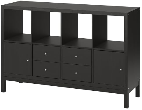 KALLAX Regal mit Untergestell, 77x147 cm, mit 2 Türen/4 Schubkästen/Schwarz-Braun