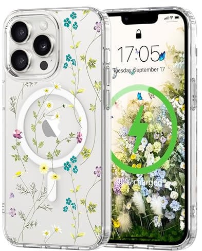 L-FADNUT Magnetic for iPhone 14 Pro Case, Compatible with Magsafe Floral Pattern Design, Clear Girly Flower Cover Slim Bumper Shockproof Protective Phone Case for iPhone 14 Pro Yellow