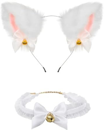JIOLINK Katzenohren, Katzenohr-Stirnband + Spitzenhalsband mit Glocke, Fuchsohren, Haarreif für Damen, Mädchen, für Cosplay, Halloween, Karneval