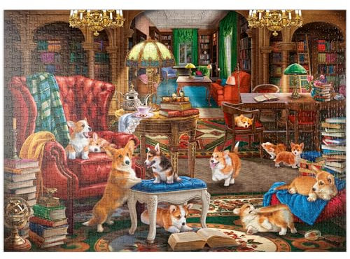 MyPuzzle Corgi-Chaos in der Bibliothek - Premium 1000 Teile Puzzle - MyPuzzle Sonderkollektion von Puzzle Galaxy